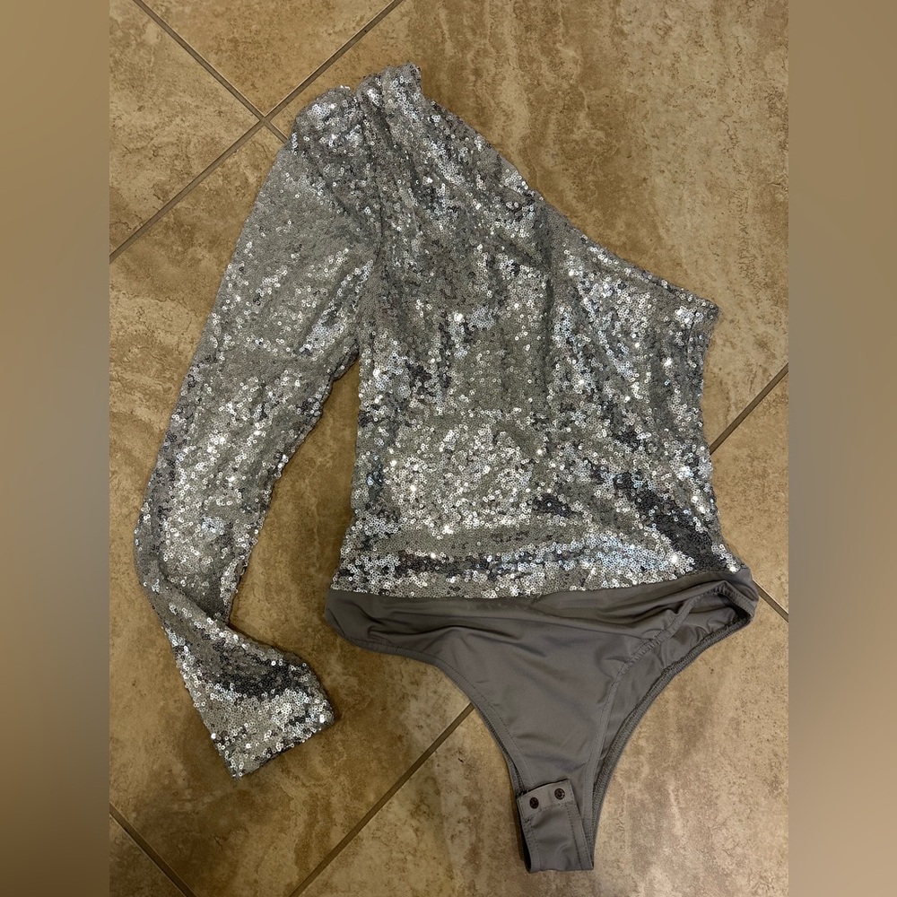 Silver sequin one shoulder Body Suit